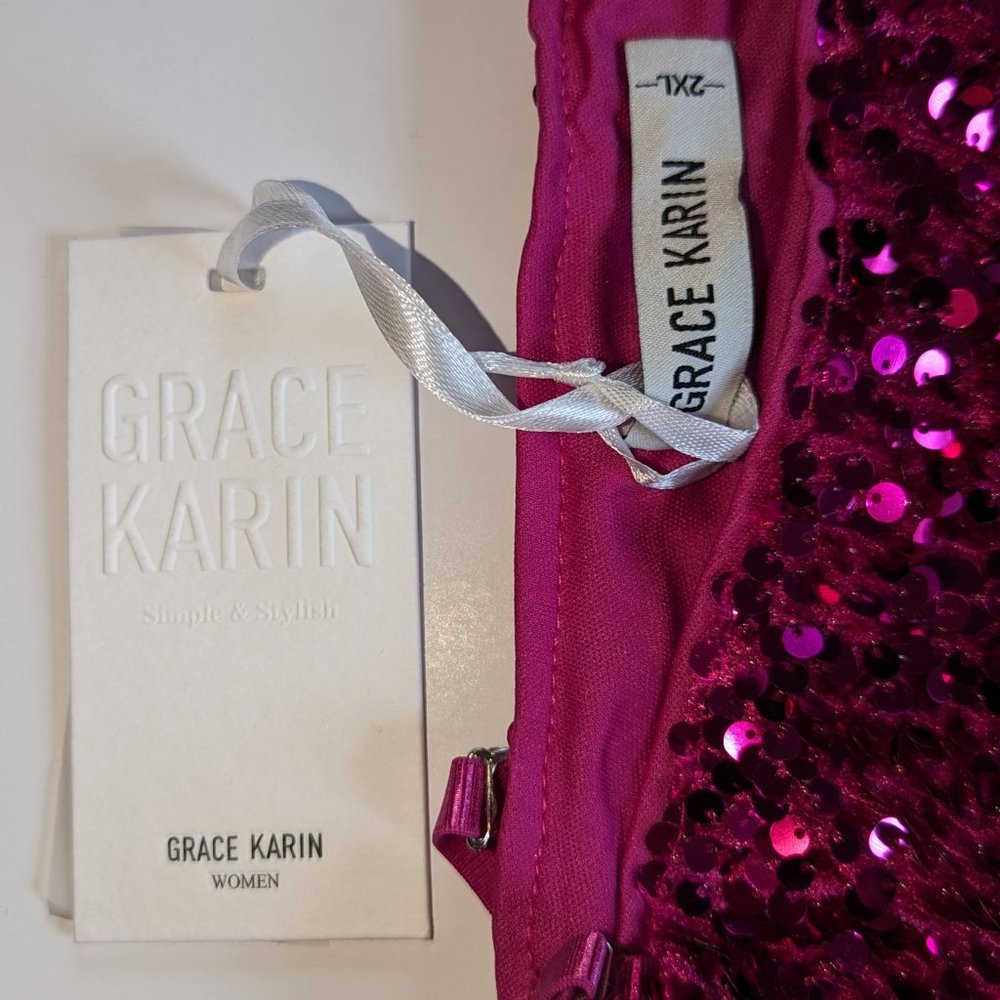 GRACE KARIN Women's Barbie Pink Sequin Tank Top One Shoulder  Party Camisole XXL - Picture 6 of 7